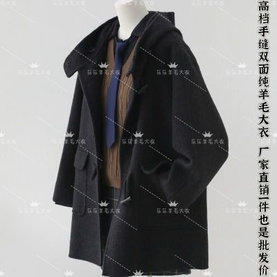 2026新款小个子牛角扣双面羊绒大衣连帽韩版学院手工羊毛外套冬季