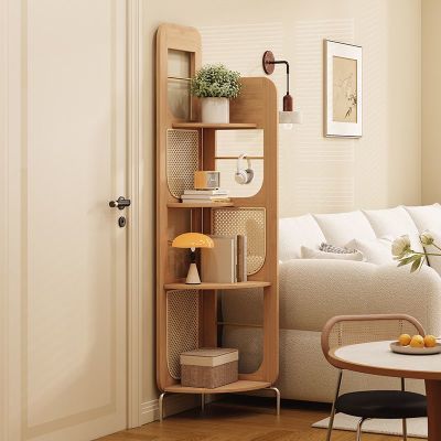 转角置物架墙角新款沙发边置物架法式中古三角架天然藤编收纳架