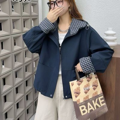胭脂语出品撞色格子拼接女秋季2026新款美式复古宽松翻领夹克上衣