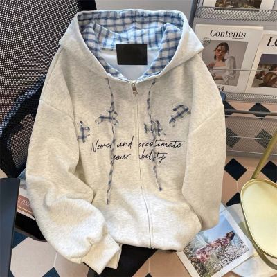 美式潮牌刺绣字母连帽卫衣女秋冬新款宽松休闲高级感开衫拉链外套