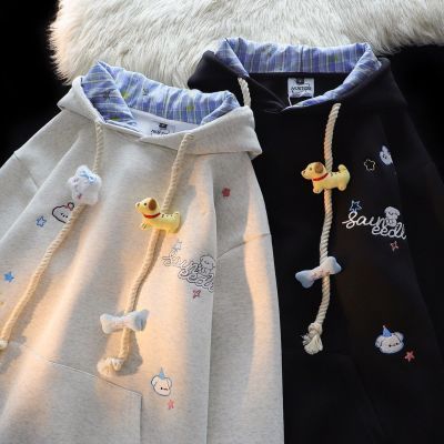 美式潮牌刺绣小熊设计感连帽卫衣女秋冬新款宽松休闲百搭情侣外套