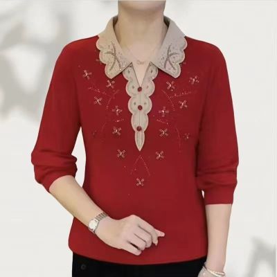 春秋新款时尚妈妈装洋气烫钻翻领小衫气质显瘦百搭长袖减龄上衣女