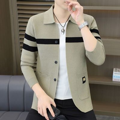 男士秋季新款翻领时尚高档针织帅气开衫休闲毛衣针织衫外套发完优惠商品图片