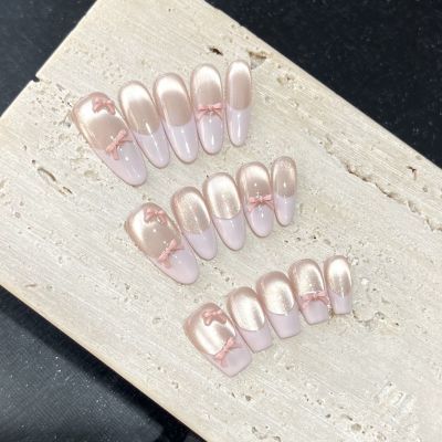 粉芭蕾纯手工光疗穿戴甲皮粉法式少女蝴蝶结美甲贴猫眼穿戴甲批发