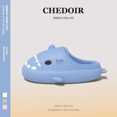 chedoir防水鲨鱼棉拖鞋女冬季居家防滑保暖加绒毛毛情侣外穿棉鞋