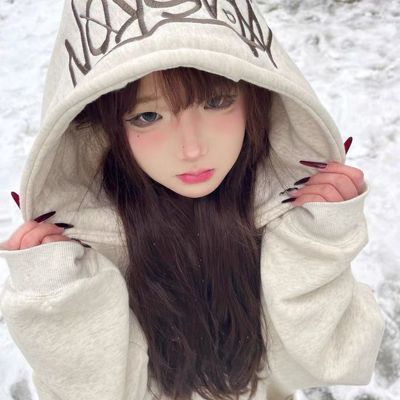 国潮美式连帽卫衣女2025春秋新款加绒加厚字母刺绣宽松百搭情侣装