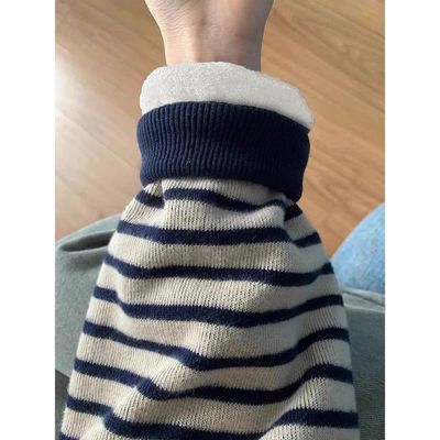 藏青色条纹卫衣女秋冬季新款复古chic撞色显瘦圆领套头加绒上衣潮