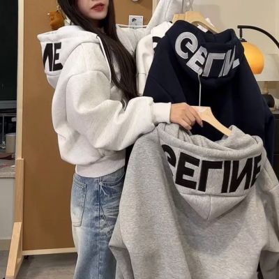 小个子春款美式连帽字母印花卫衣女新款宽松开衫短款休闲外套上衣