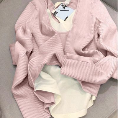 设计感撞色u领假两件长袖t恤女春秋冬内搭修身显瘦打底衫上衣INS