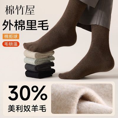 袜子男款春秋季羊毛加绒中筒袜加厚保暖防臭抗起球秋冬男士长筒袜
