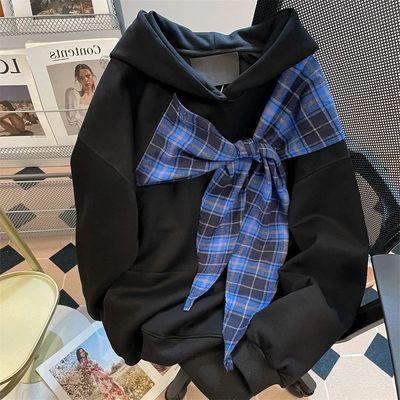 设计感格子绑带蝴蝶结卫衣男女2025春秋新款oversize重磅连帽外套