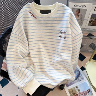 韩系刺绣腊肠小狗条纹长袖卫衣男女秋季宽松学生减龄可爱上衣ins