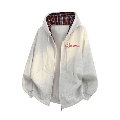 NOTTOMAD 美式高街复古格纹花体字logo百搭开衫拉链连帽卫衣