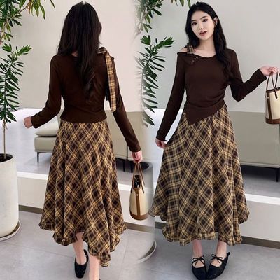 「热娜花漫」不规则咖色格纹半身裙女初秋宽松显瘦淡人穿搭蓝色