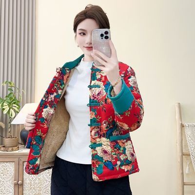 冬季新款东北大花棉袄加绒保暖宽松爆款棉服外套女民族风复古棉衣