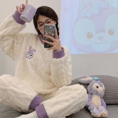 珊瑚绒睡衣女秋冬季加绒圆领家居服甜美日系可爱法兰绒套装学生
