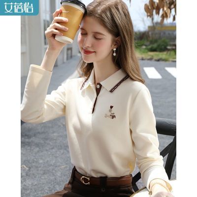 艾蓓怡杏色休闲polo衫长袖T恤女2025秋季新款修身显瘦巨好看上衣