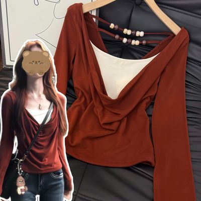 红色辣妹假两件荡领串珠长袖T恤小众设计秋季新款修身打底上衣