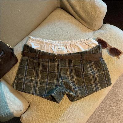 复古新款韩版时髦低腰显瘦撞色拼接假两件休闲裤格子休闲短裤