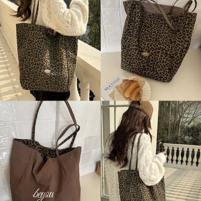 双面时尚大容量托特包女学院2025帆布包休闲通勤新款豹纹单肩【5天内发货】