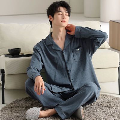 纯棉100%男士睡衣开衫长袖薄款夏季男款可外穿春秋季家居服套装
