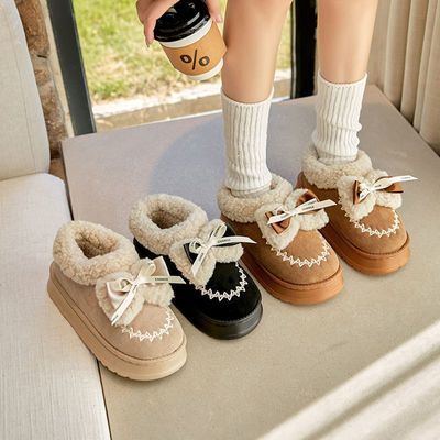 25新款冬季棉鞋蝴蝶结少女保暖雪地靴羊羔绒可爱防滑厚底外穿棉鞋