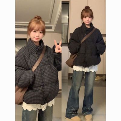立领格子短款棉服女2025冬季新款韩系学生加厚棉衣外套小个子棉袄