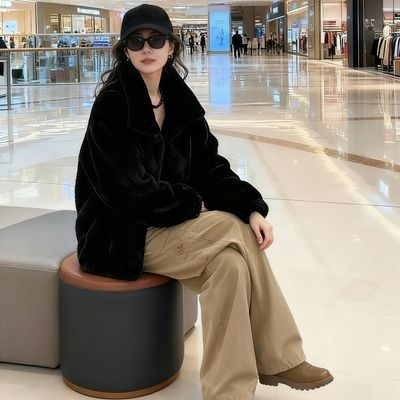 皮草外套女宽松25年秋冬貂绒外套女黑色毛毛外套立领水貂年轻韩版