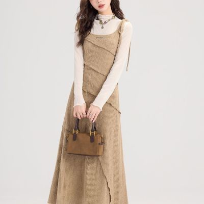 法式气质套装吊带连衣裙女装2025秋季设计感两件套长裙茶系显瘦