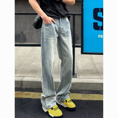 QUALCOMM美式高街竹节纹微喇牛仔裤男秋季cleanfit显瘦百搭拖地裤