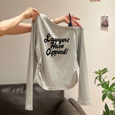 美式复古斜肩修身显瘦T恤女秋季新款辣妹风露肩设计感长袖上衣女