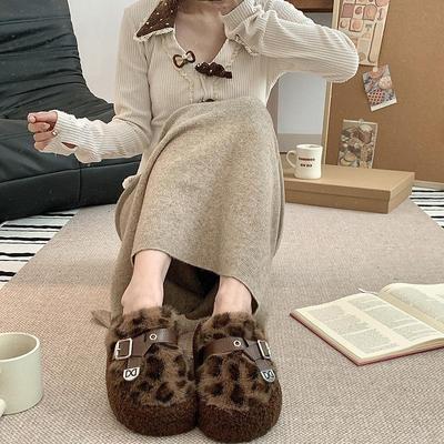 包头豹纹毛毛拖鞋时尚百搭女秋冬外穿2025网红加绒加厚保暖棉鞋