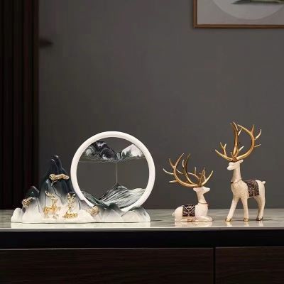 意境山水流沙画创意新中式轻奢鹿摆件电视柜客厅酒柜装饰品情人节