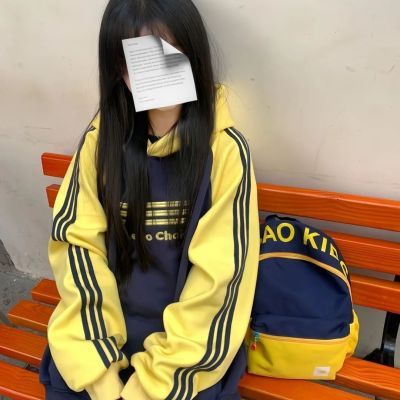 美式复古撞色插肩袖连帽卫衣春秋新款男女网红同款宽松百搭潮流款