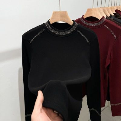 黑色烫钻打底衫女士秋冬内搭保暖长袖上衣加厚磨毛双面德绒妈妈装