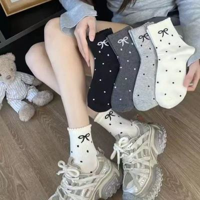 袜子女秋冬波点蝴蝶结袜子ins潮中筒袜日系网红中筒花边女袜【7天内发货】