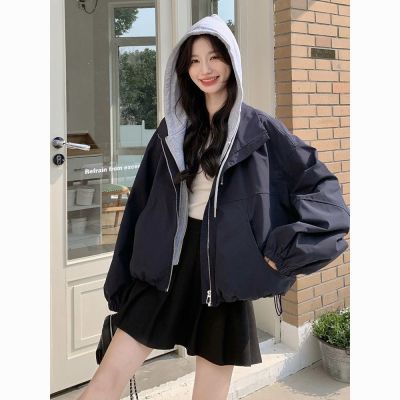 胖MM大码300斤韩系连帽拼接假两件外套女秋季时尚设计感夹克上衣