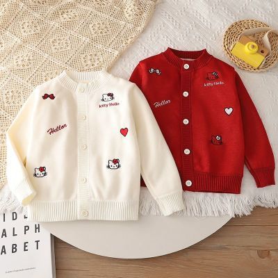儿童针织毛衣开衫外套加绒开衫女童秋冬款上衣绣花纽扣圆领款纽扣