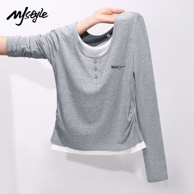 MJSTYLE假两件长袖t恤女春秋季新款修身显瘦内搭打底衫女