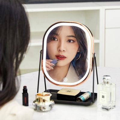 忆美 LED电池款化妆镜美式新款网红美容镜子旋转桌面台镜收纳储物