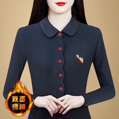 正品冬季双面德绒衬衫领纽扣长袖上衣女G气质妈妈装宽松刺绣小衫