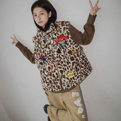 复古豹纹羊羔毛马甲女秋冬甜美卡通刺绣外搭立领宽松叠穿背心外套