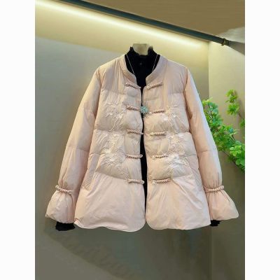 胖MM加肥立领盘扣刺绣花朵羽绒棉服大码女装新中式冬季款百搭外套