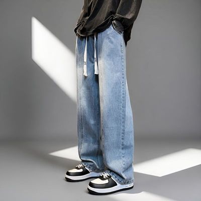 加绒美式潮牌弯刀裤男高个子加长版牛仔裤男学生松紧腰阔腿直筒裤