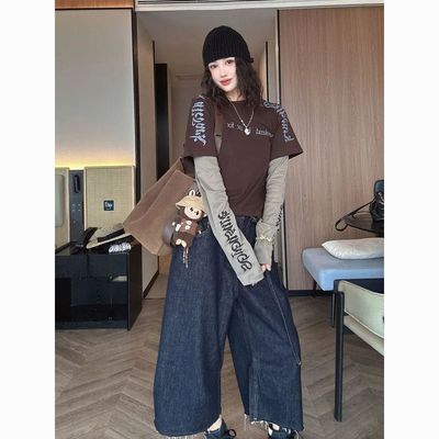 胖mm特大码300斤秋季时尚假两件长袖T恤女设计感小众宽松休闲上衣