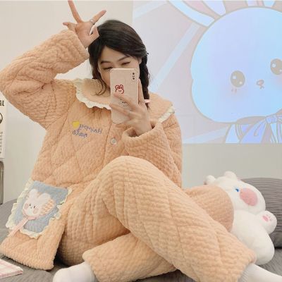 睡衣女冬季珊瑚绒长毛绒加厚加绒冬天特厚三层夹棉棉袄家居服套装