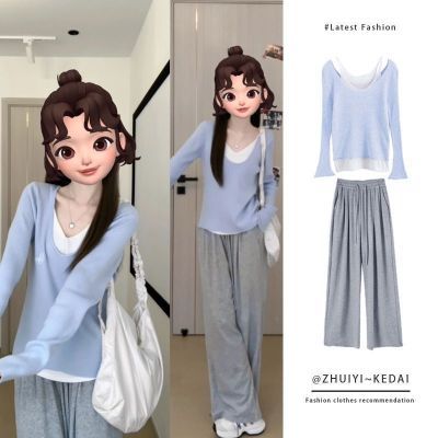 秋季穿搭一整套装女2026年新款假两件t恤上衣宽松显瘦裤子两件套优惠商品图片