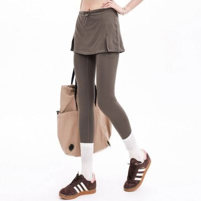 薄绒假两件瑜伽裙裤女秋冬外穿保暖普拉提运动紧身裤口袋健身长裤