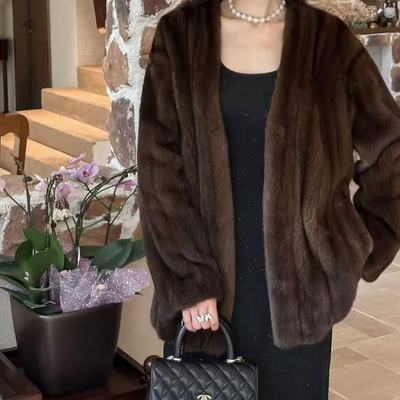 25年新款仿貂皮外套女水貂复古皮草外套V领气质显瘦爆款防寒-8891