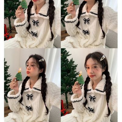 白雪公主款甜美加绒睡衣蝴蝶结加厚保暖法兰绒两件套家居服套装【5天内发货】
